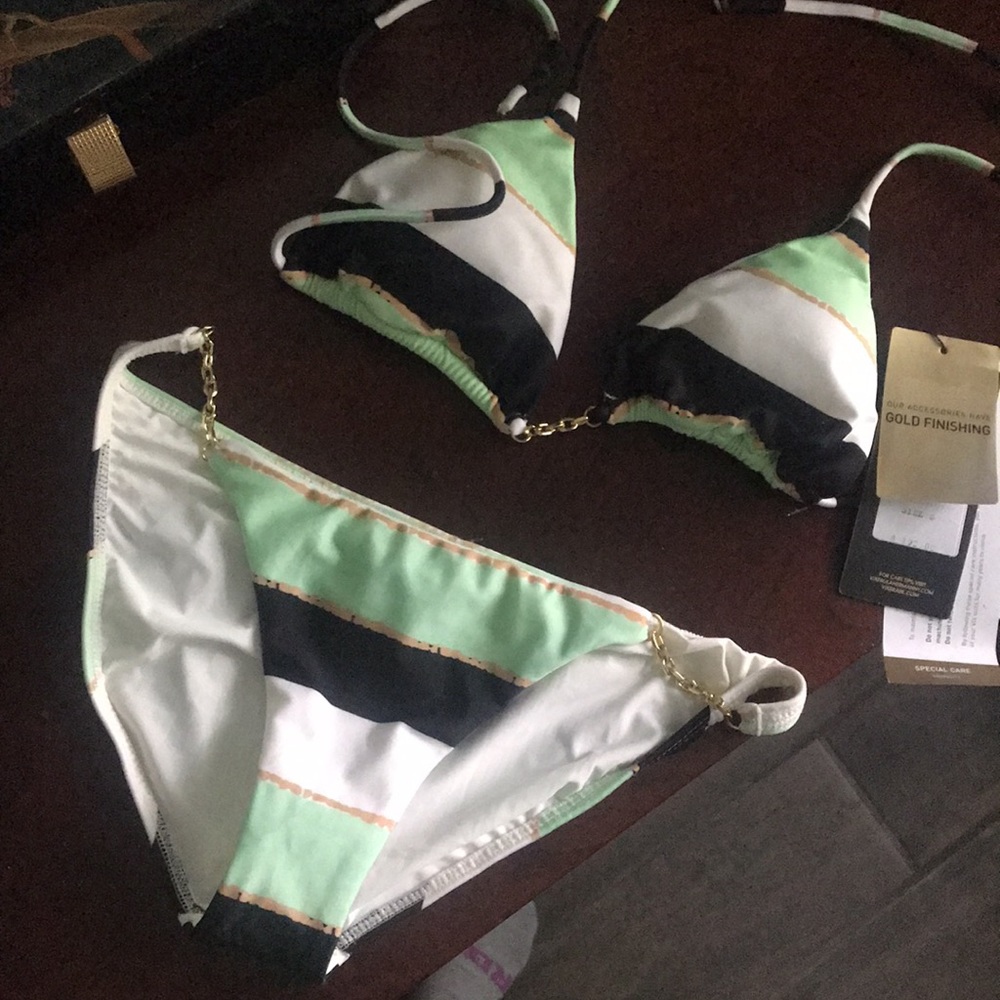 ViX Paula Hermanny green, black & white striped bikini NWT Sz Sml TOP ONLY